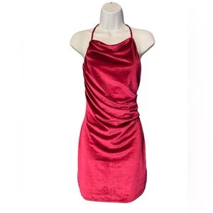 4S13NNA Raspberry Stretch Velvet Ruched Bodycon Dress L